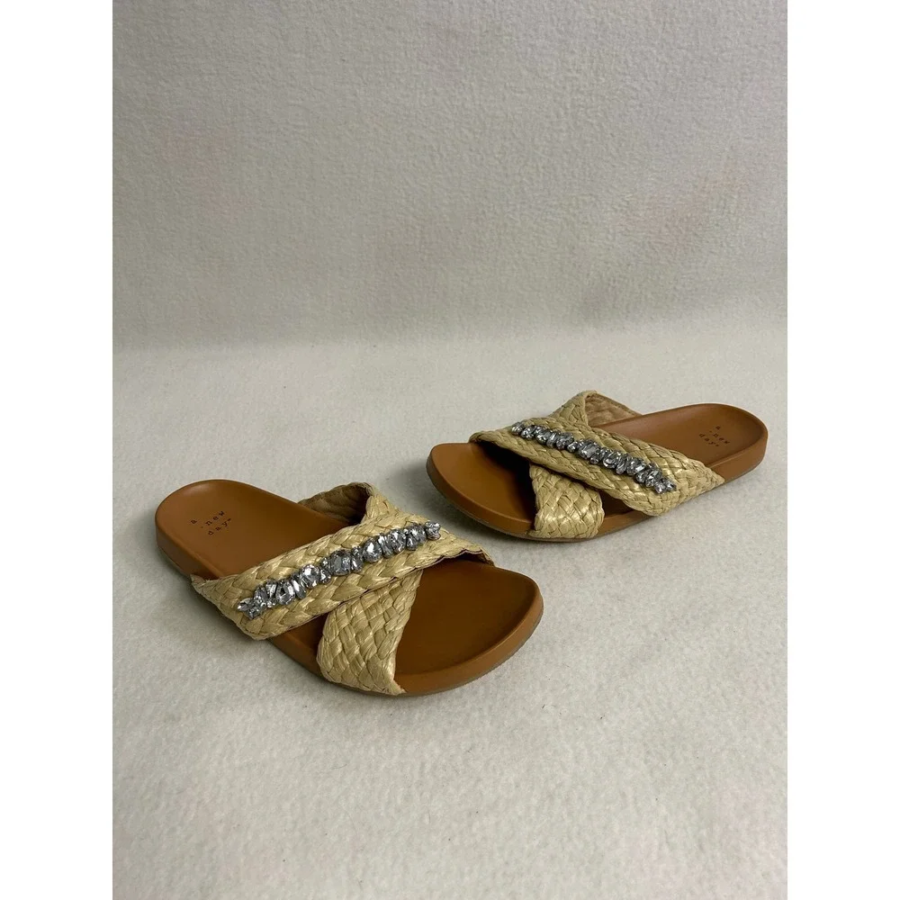 Boho Beachy A New Day Womens 8 Tan Woven Rhinestone Crisscross Slide Sandals